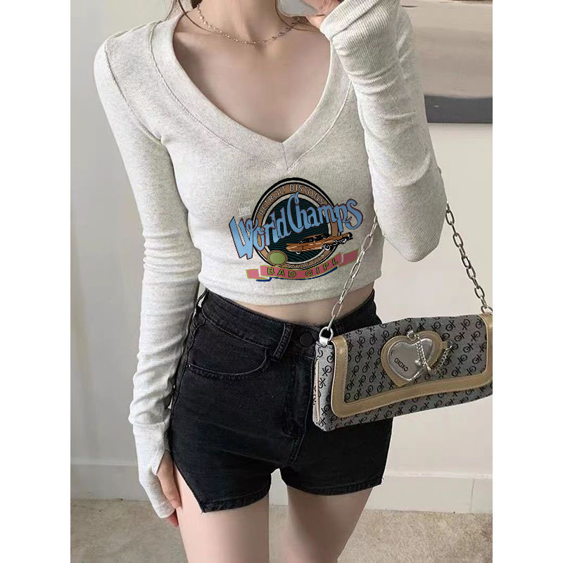 Odell 92 cotton 8 spandex autumn and winter Korean style V-neck long-sleeved bottoming T-shirt fashionable design printed short top