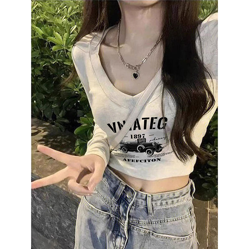 Odell 92 cotton 8 spandex autumn and winter Korean style V-neck long-sleeved bottoming T-shirt fashionable design printed short top