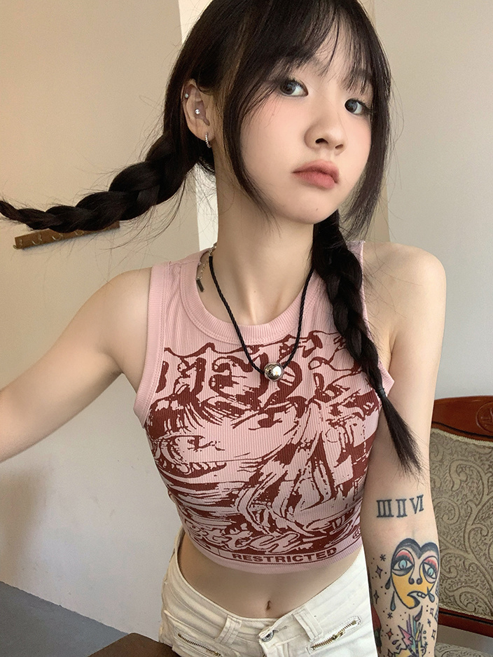 】Threaded polyester】(Free on all platforms) Summer hot girl cartoon print sleeveless suspender T-shirt for women