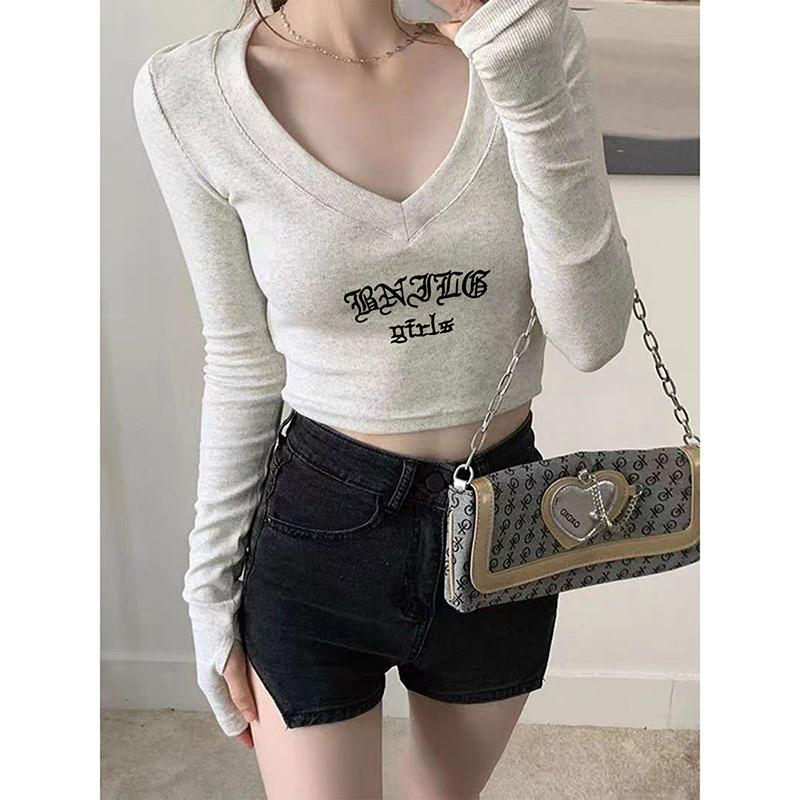 Odell 92 cotton 8 spandex autumn and winter Korean style V-neck long-sleeved bottoming T-shirt fashionable design printed short top