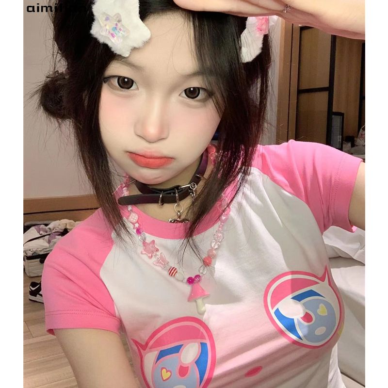 】Threaded polyester】Dopamine girls wear short-sleeved ins style contrasting color design short T-shirt women's tops trendy