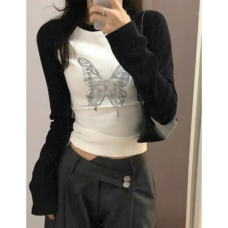 】Threaded polyester】(Free on all platforms) French stitching contrasting butterfly print long-sleeved T-shirt for women