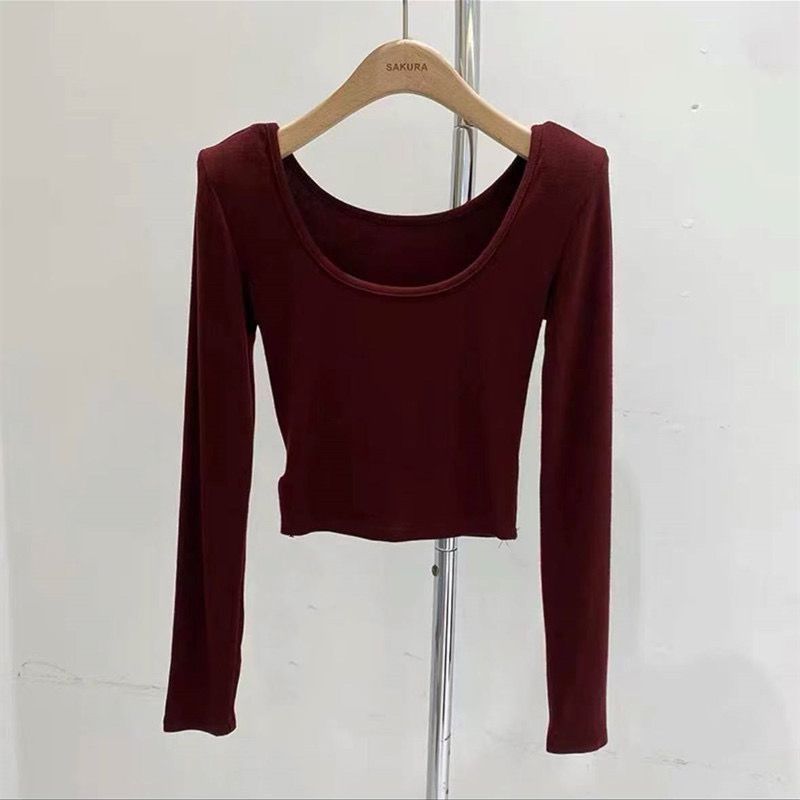 -Do not change-1x1 threaded German velvet autumn and winter new style exposed collarbone women's slimming long-sleeved T-shirt top