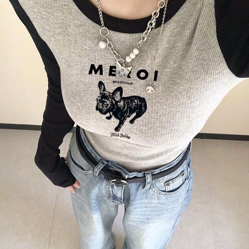 】Threaded polyester】(Free version on all platforms) American long-sleeved T-shirt women's design printed top ins