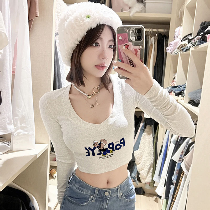 Odell 92 cotton 8 spandex autumn and winter Korean style V-neck long-sleeved bottoming T-shirt fashionable design printed short top