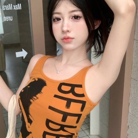 】Threaded polyester】(Free on all platforms) Summer Hot Girl Suspender Cartoon Print Sleeveless T-Shirt for Women