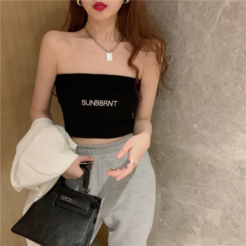 】No change】With breast pads】Threaded polyester】Tube top summer new versatile off-shoulder Korean style women's top