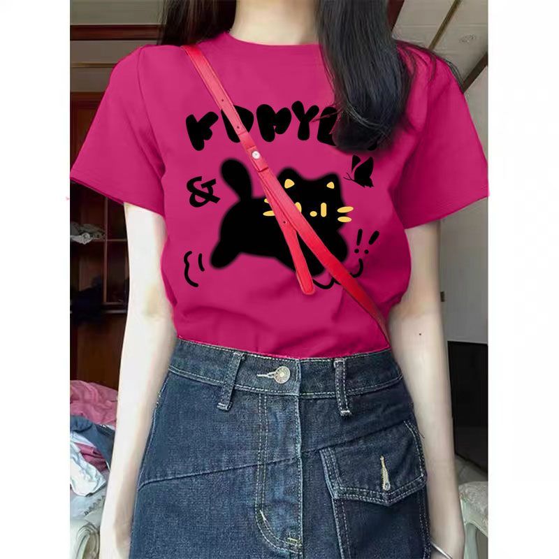 】Threaded polyester】(Free on all platforms) Summer creative cat print new short-sleeved T-shirt for women