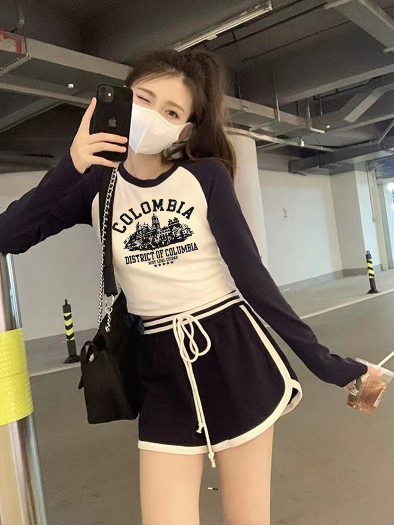 】Threaded polyester】(Free on all platforms) Fashionable patchwork contrasting color long-sleeved T-shirt printed top for women