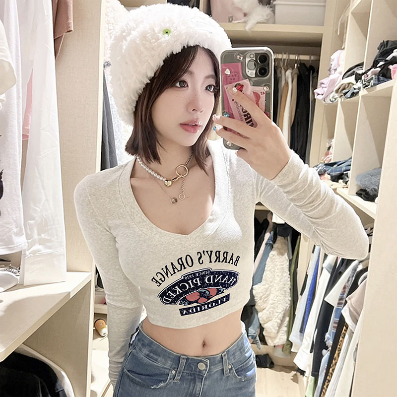 Odell 92 cotton 8 spandex autumn and winter Korean style V-neck long-sleeved bottoming T-shirt fashionable design printed short top