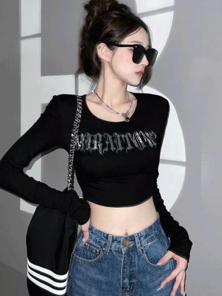 Thread pit strip American hot girl outfit autumn and winter versatile slim slim long-sleeved T-shirt new top for women