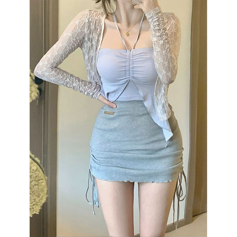 】【No change】Threaded polyester】Hot girl pure lust style pleated skirt ins hip-covering sexy short skirt