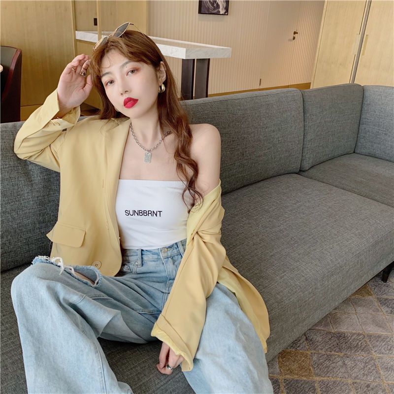 】No change】With breast pads】Threaded polyester】Tube top summer new versatile off-shoulder Korean style women's top