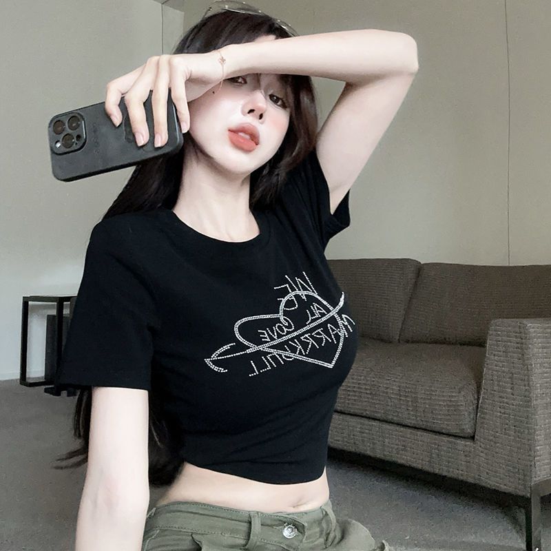 】Modal rayon summer fashion short-sleeved new hot diamond printed top hot girl slim slim T-shirt for women