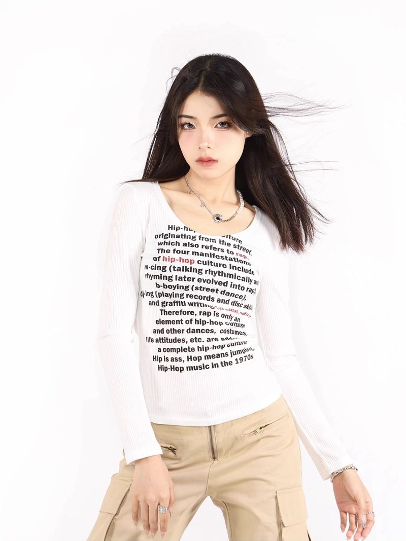 W339】Thread Thin Style】(Free version on all platforms) Spring and Autumn Thin Style Simple Sexy Long Sleeve T-shirt Women's Top