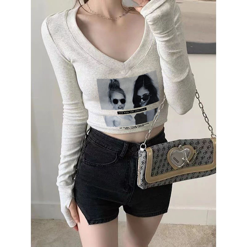 Odell 92 cotton 8 spandex autumn and winter Korean style V-neck long-sleeved bottoming T-shirt fashionable design printed short top