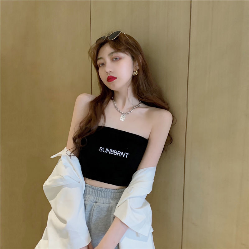 】No change】With breast pads】Threaded polyester】Tube top summer new versatile off-shoulder Korean style women's top