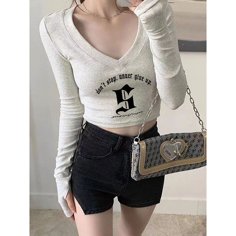 Odell 92 cotton 8 spandex autumn and winter Korean style V-neck long-sleeved bottoming T-shirt fashionable design printed short top