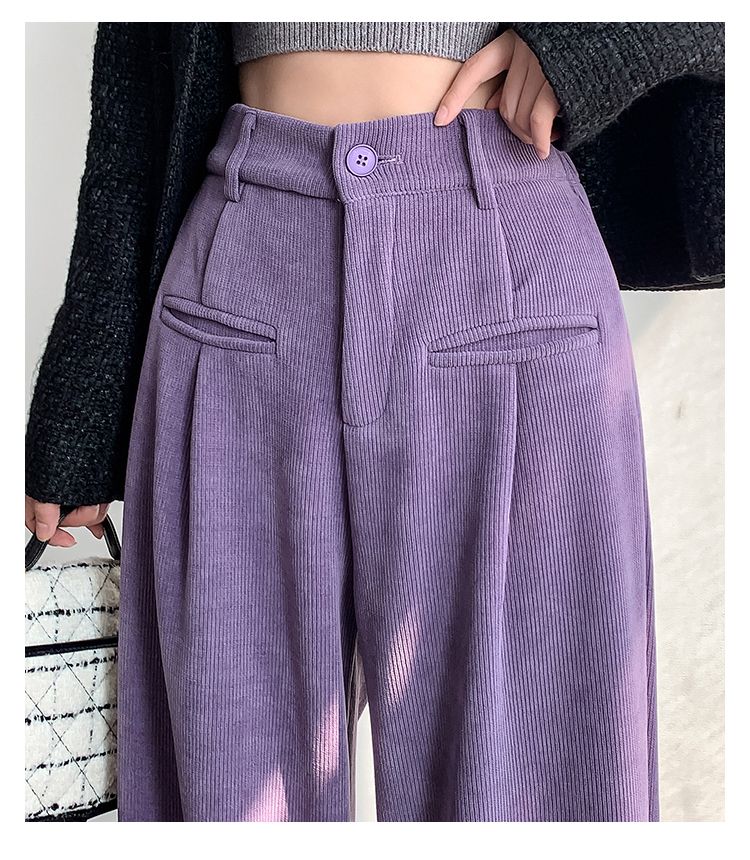 细坑条紫色雪尼尔阔腿裤女秋冬高腰垂感加绒休闲直筒裤加厚粉色裤