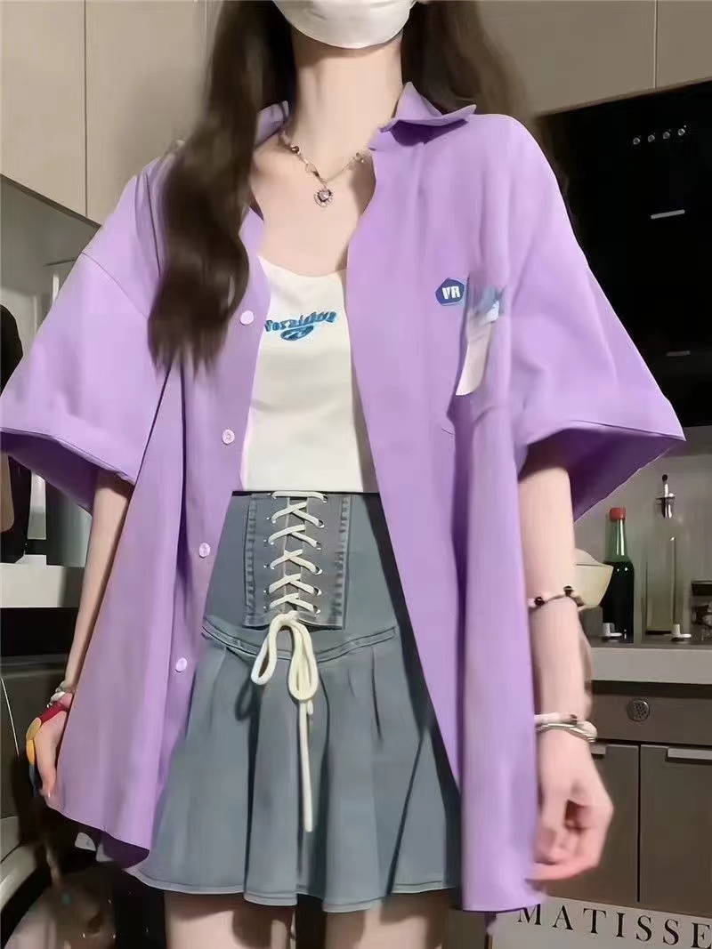 美式复古宽松短袖衬衫女设计感小众港味衬衣宽松学生紫色显瘦上衣