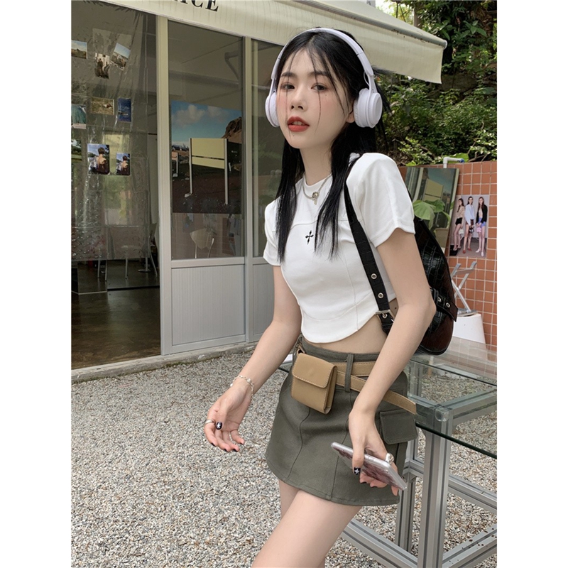 220g 6535 Puller Cotton White Slim Fit Spicy Girl Irregular Short Open Umbilical T-shirt Women's Summer