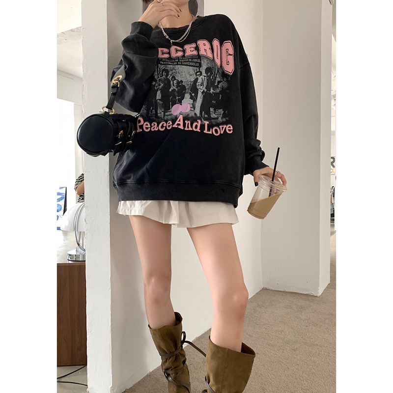 6535 fish scales Hong Kong-style American retro printing long-sleeved gray sweater women's autumn new ins