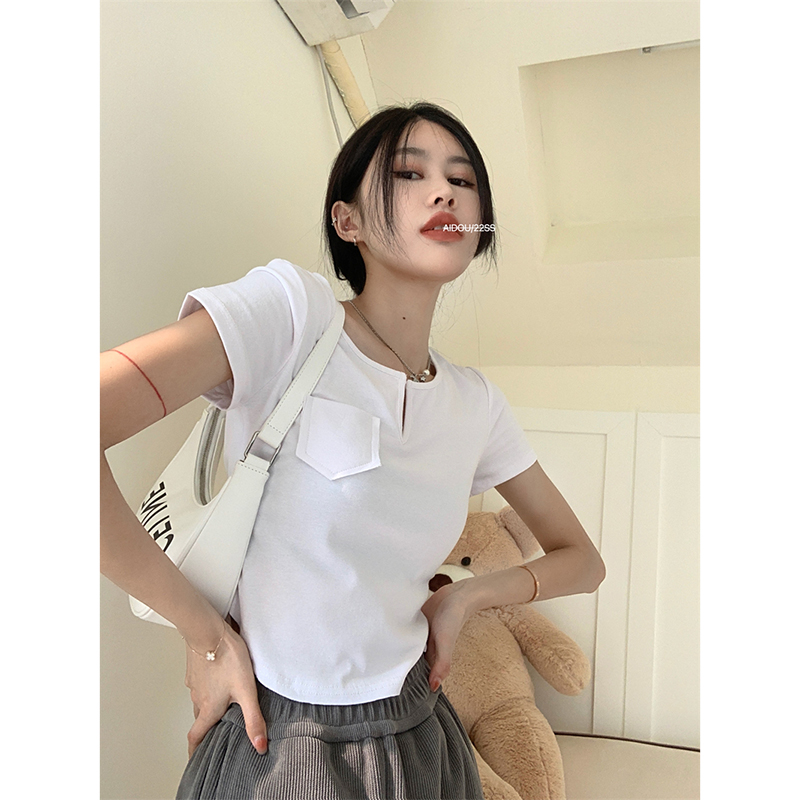 6535 frame cotton niche v-neck short sleeve T-shirt female design sense slim bottoming shirt summer