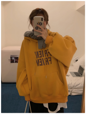 Plush hooded sweater women's autumn and winter new thickened letter print BF style loose coat top