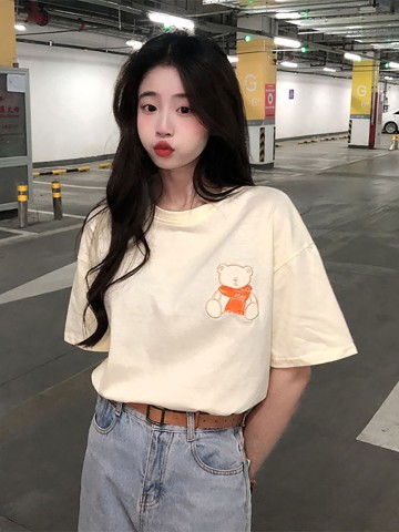White bear short sleeve T-shirt women's spring new loose Korean design sense of niche net red top
