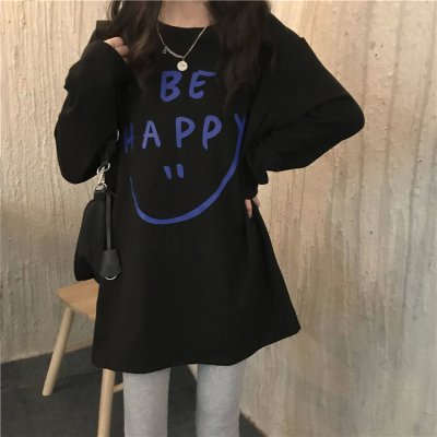 Autumn and winter Korean version new thickened loose medium and long letter printing backing with long sleeve T-shirt for women