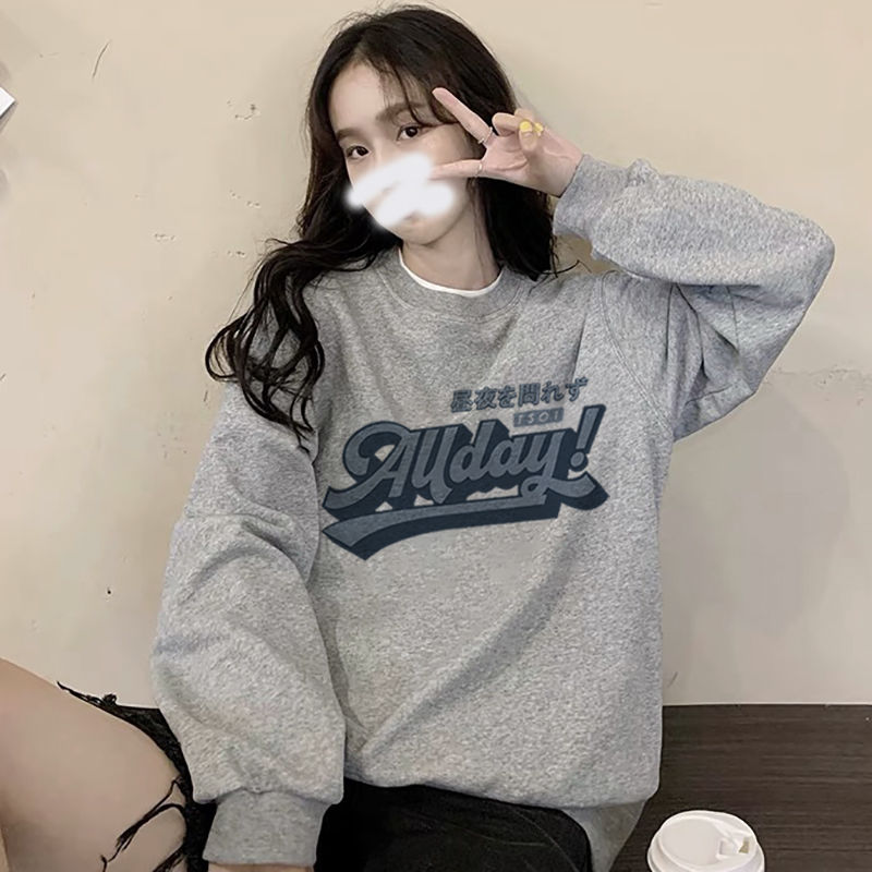 New ins long sleeve sweater female student Korean loose round neck print spring and winter versatile thin coat trend