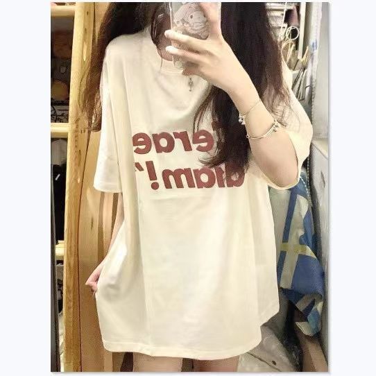 Cream color Korean gentle loose short-sleeved t-shirt female students summer all-match mid-length top ins