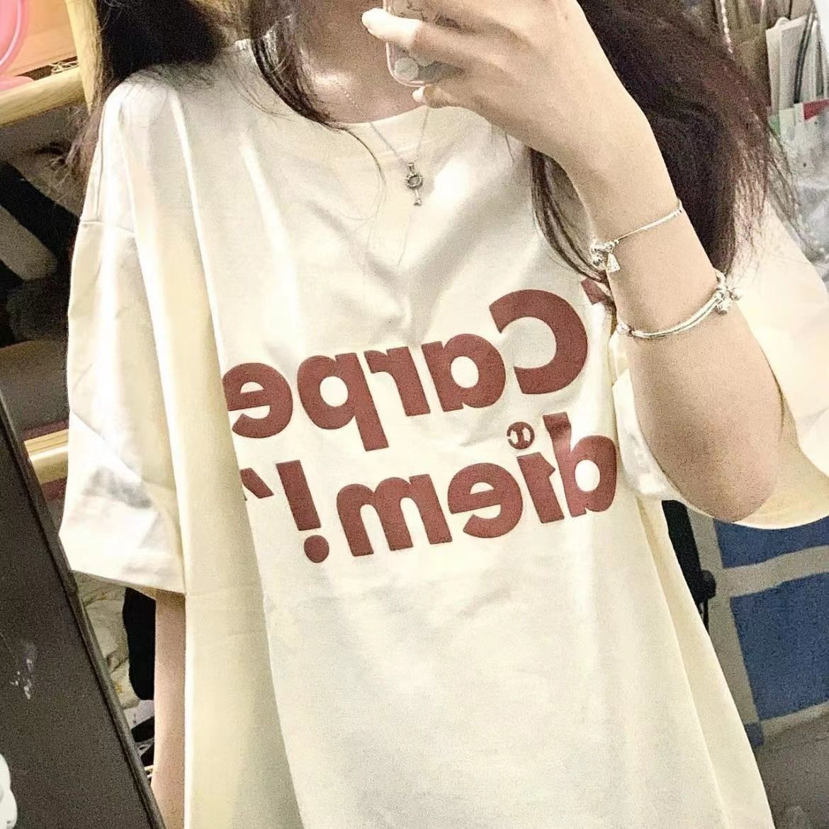 Cream color Korean gentle loose short-sleeved t-shirt female students summer all-match mid-length top ins