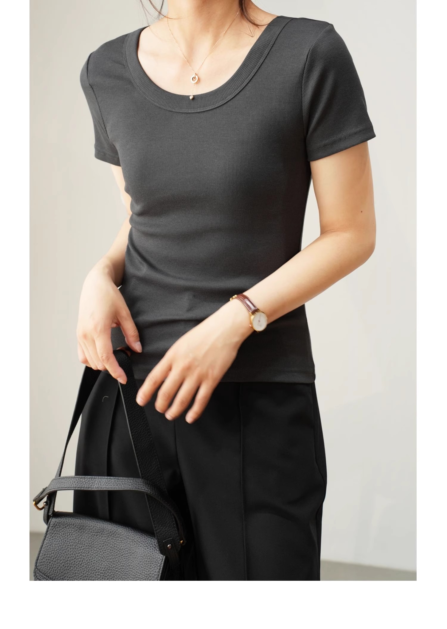 抖音黑标品质螺纹圆领t恤女夏季新款修身显瘦高级感百搭短袖上衣 