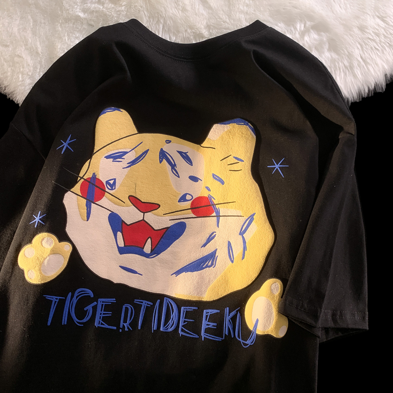 Japanese tiger head printed short sleeved T-shirt women's loose ins lazy wind sweet and spicy half sleeved clothes