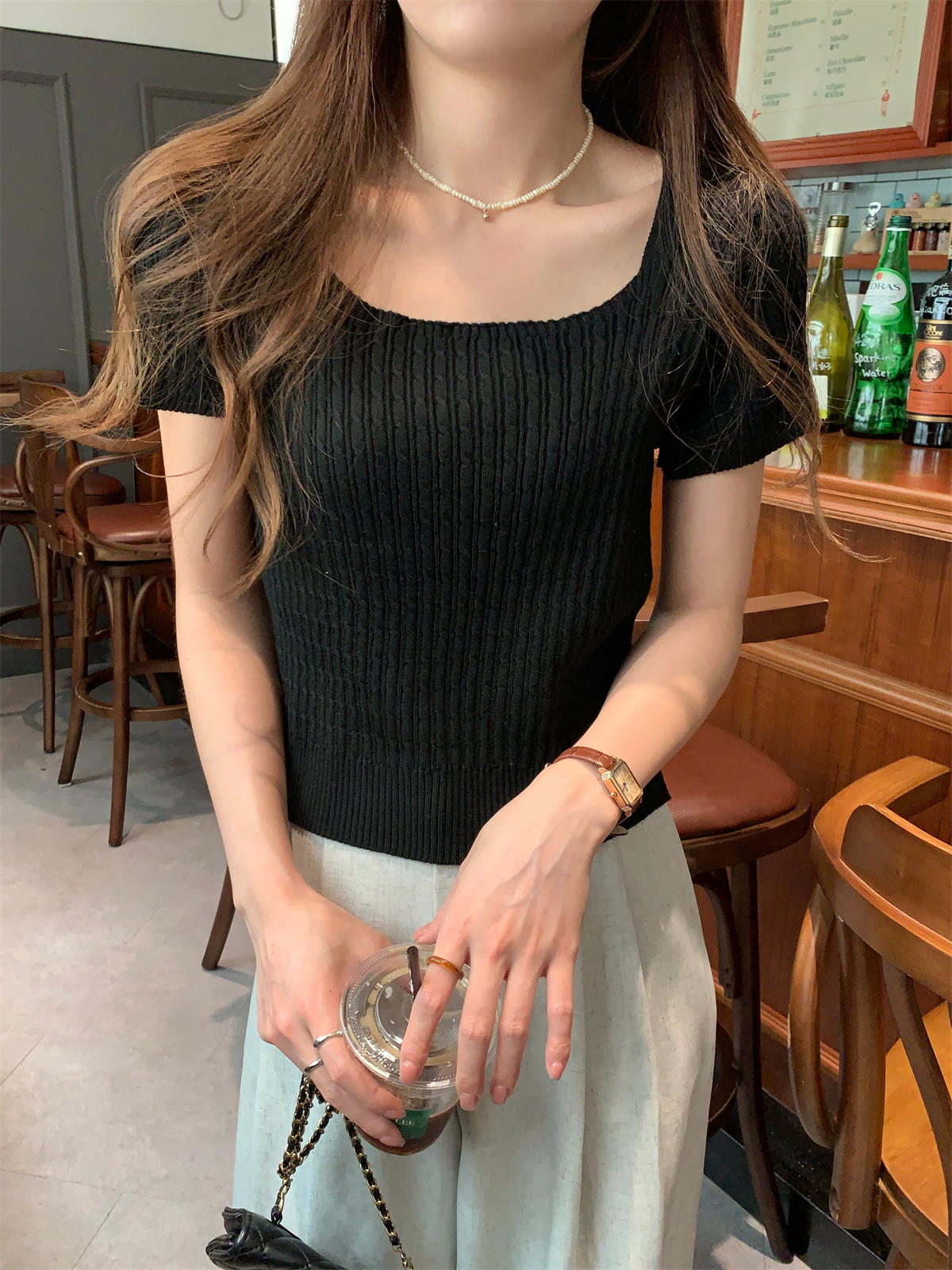 实拍实价 夏季韩版ins方领气质麻花纯色安迪绒短款针织短袖上衣女