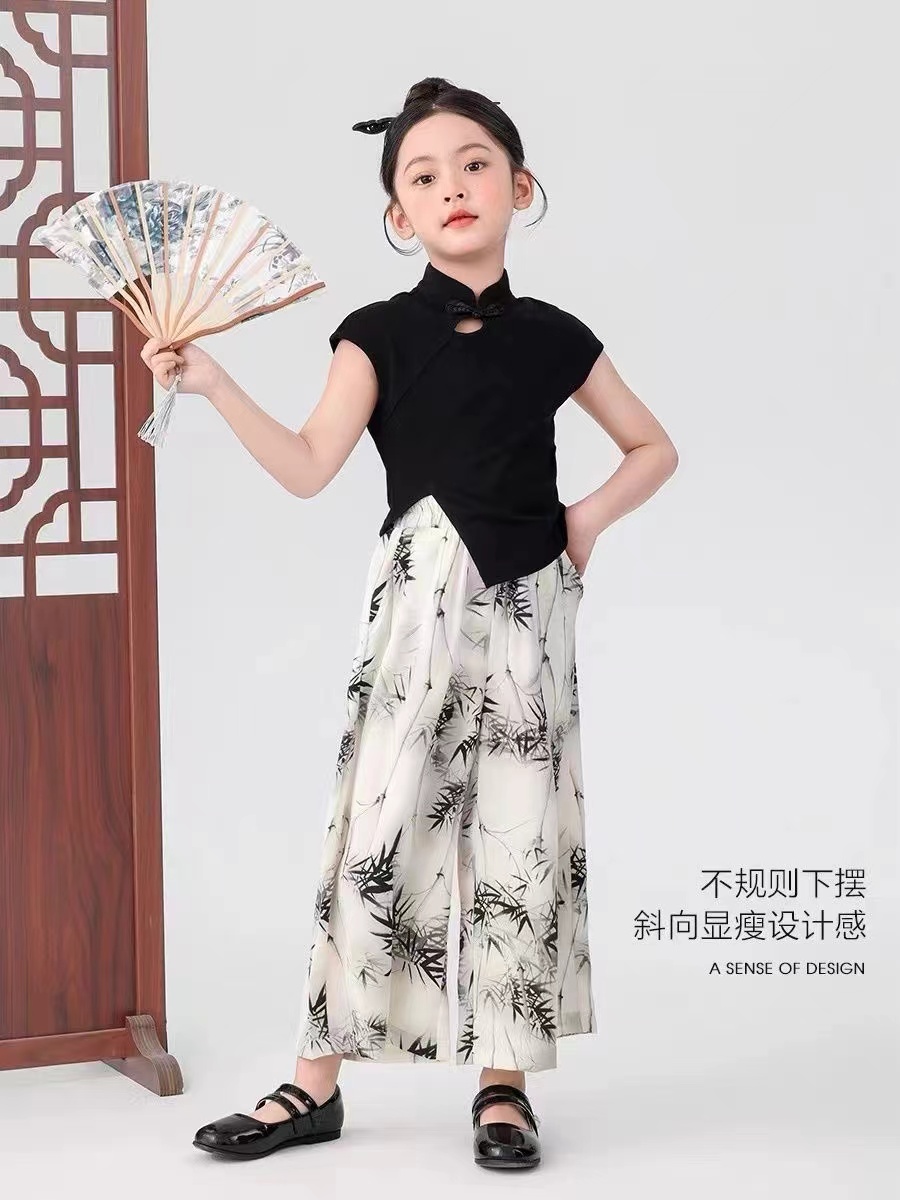 Girls' new Chinese style suit 2024 plate buckle Chinese style baby girl top temperament bamboo leaf ink painting wide leg pants suit