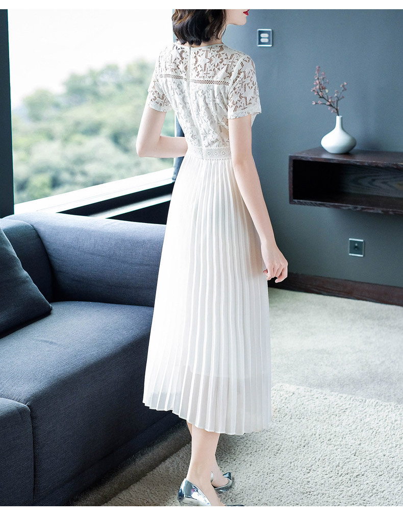 白色雪纺连衣裙女2020新款夏装蕾丝小白裙仙女气质赫本风百褶长裙