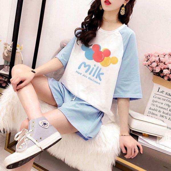 T-shirt suit women's summer new Mickey short sleeve shorts loose fat mm large student sports two piece set