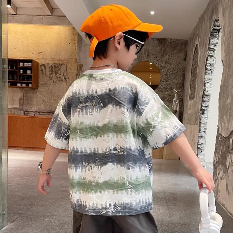 Boys' fashion brand new handsome tie dyeing high-grade middle and large children's T-shirt loose summer clothes fat boys' short sleeved top