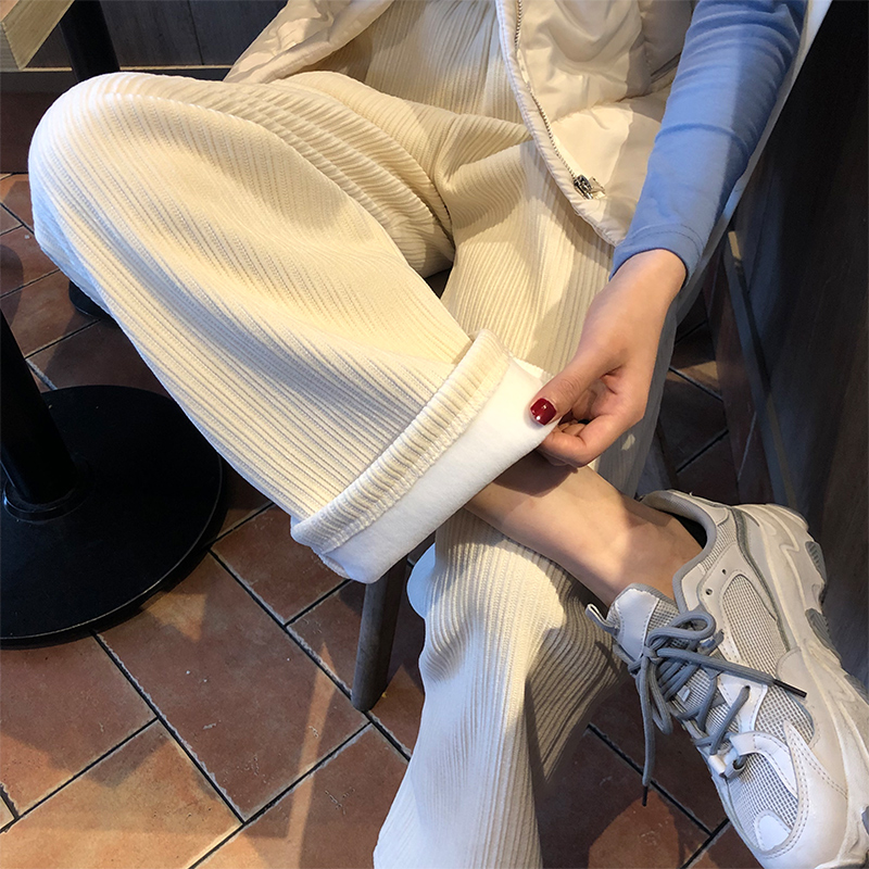 High-quality chenille casual wide-leg pants women's autumn and winter fleece high-waisted thin straight-leg mopping pants
