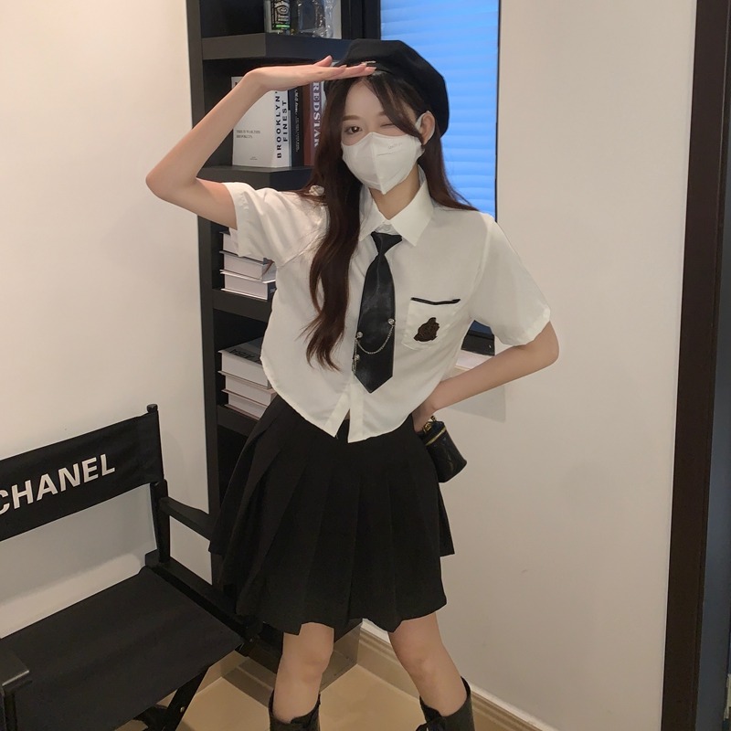 现货学院风jk制服套装夏装白色领带衬衫女短款学生装高腰辣妹穿搭