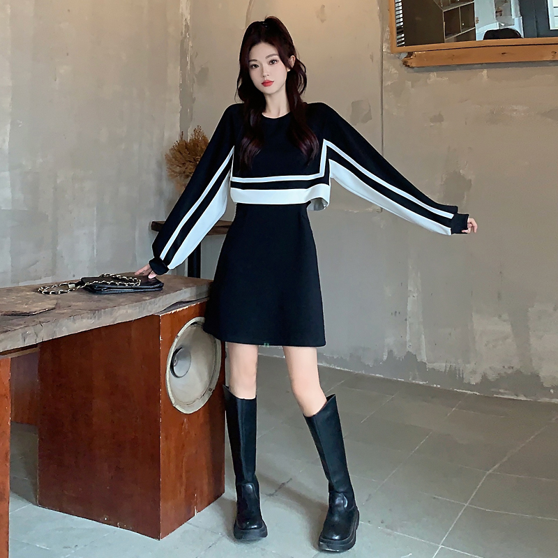 Morning Collar [Real Shot] Waist Slimming Skirt Autumn New Women's Clothing Contrast Color Splicing Mid-Length Fake Two-piece Dress