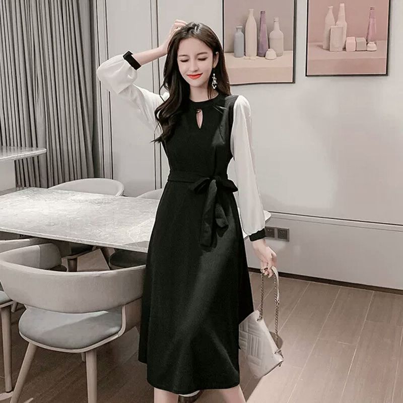 Morning collar long sleeve light mature style new autumn waist slimming little black skirt for women