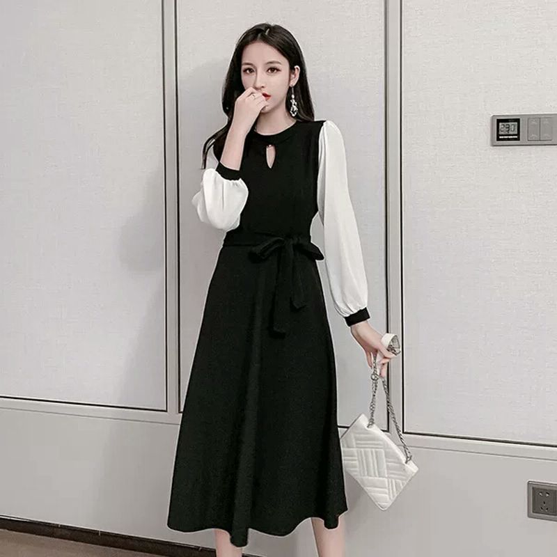 Morning collar long sleeve light mature style new autumn waist slimming little black skirt for women