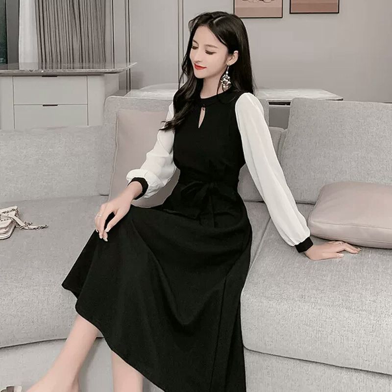 Morning collar long sleeve light mature style new autumn waist slimming little black skirt for women