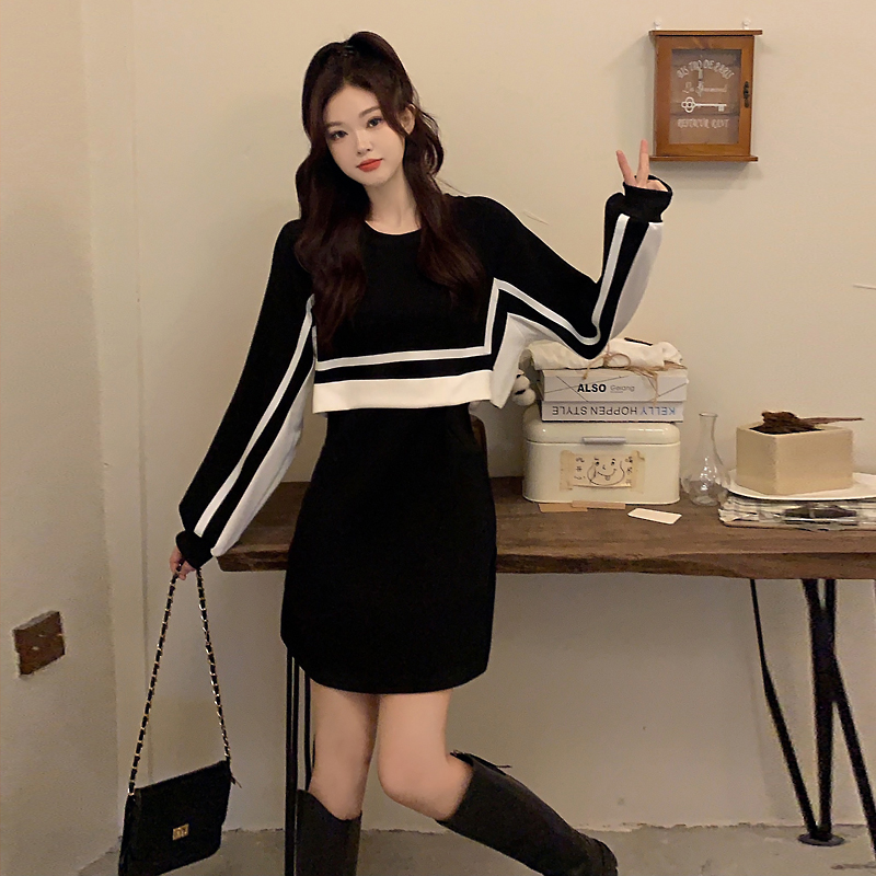 Morning Collar [Real Shot] Waist Slimming Skirt Autumn New Women's Clothing Contrast Color Splicing Mid-Length Fake Two-piece Dress