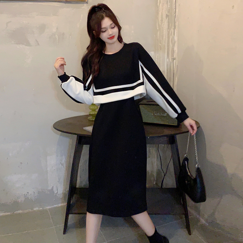 Morning Collar [Real Shot] Waist Slimming Skirt Autumn New Women's Clothing Contrast Color Splicing Mid-Length Fake Two-piece Dress