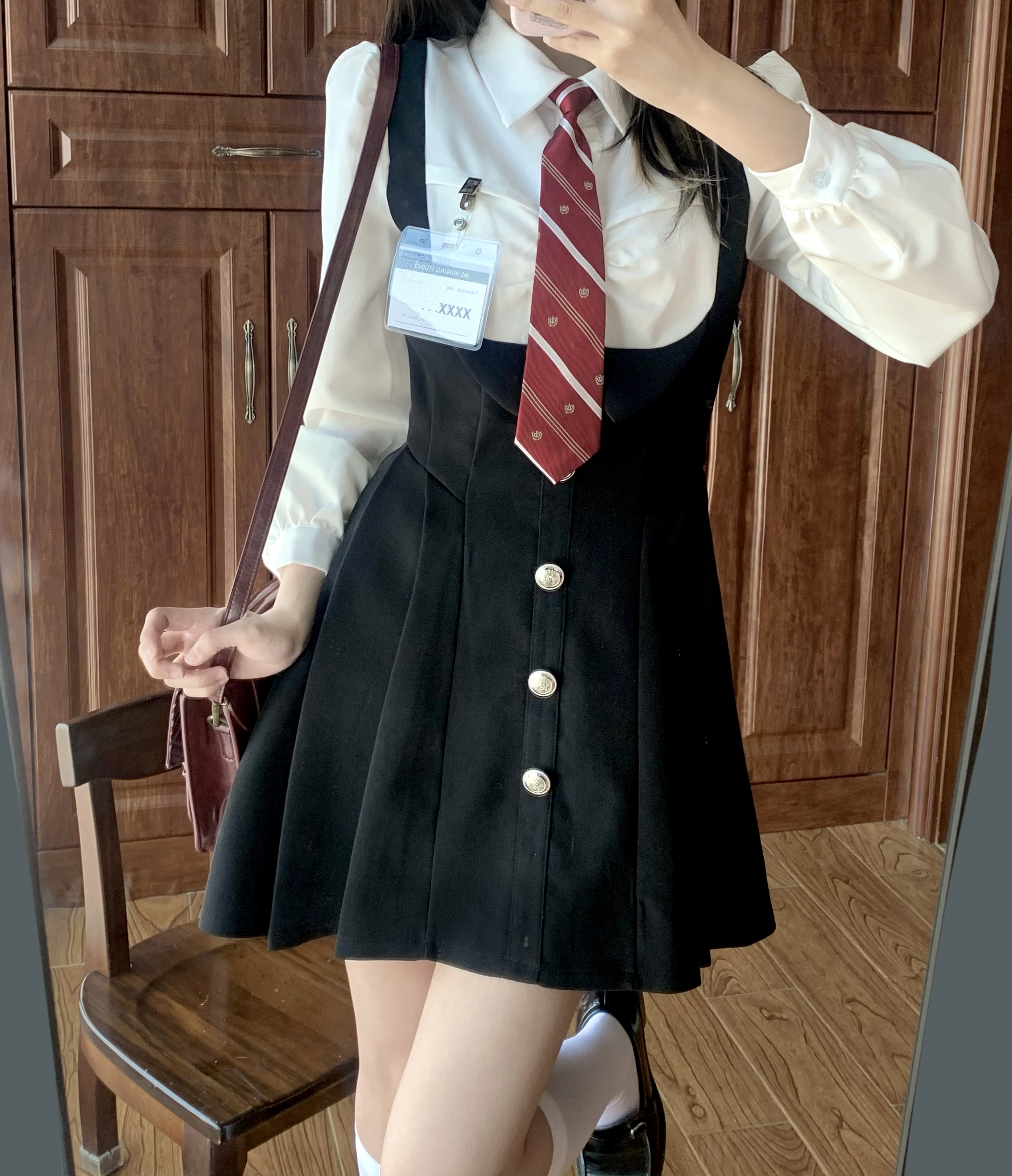 实拍现货 校园假两件拼接黑色连衣裙女学院风高腰短裙jk制服