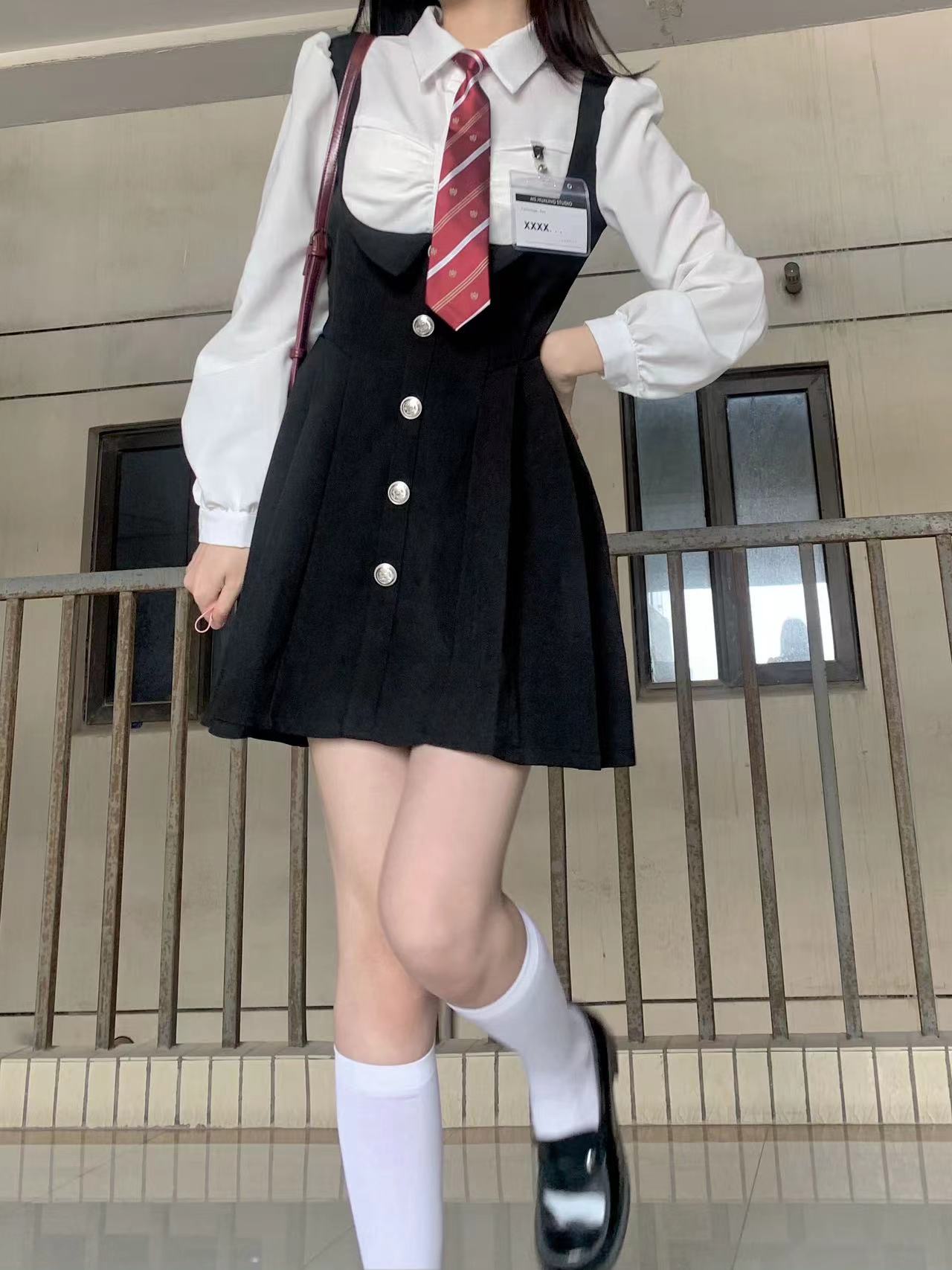 实拍现货 校园假两件拼接黑色连衣裙女学院风高腰短裙jk制服